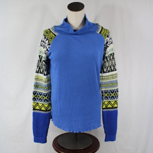 Free People Prism Mixed Media Top Sweater Blue Bell Combo Size Large Boho Winter - Picture 2 of 12
